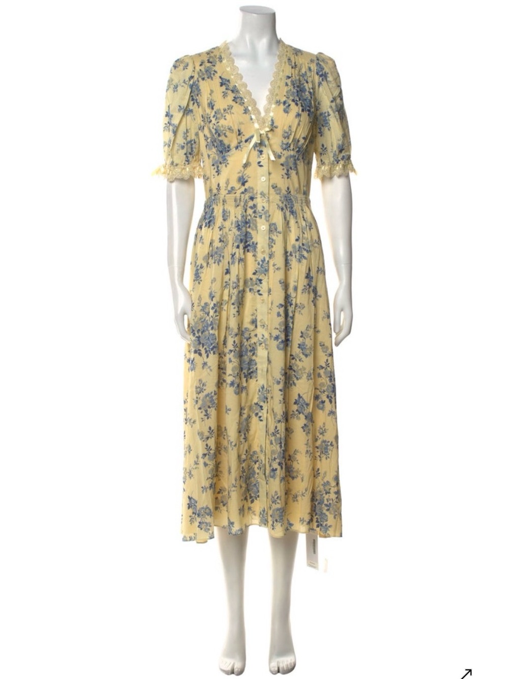 Reformation Yellow Floral Midi Dress with Blue Print